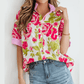 SALE!!!  Clarna Pink Flower Print Striped Trim Frilled Collar Short Sleeve Shirt