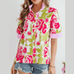 SALE!!!  Clarna Pink Flower Print Striped Trim Frilled Collar Short Sleeve Shirt