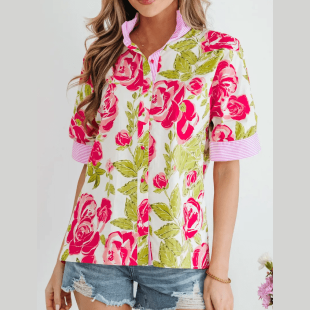 SALE!!!  Clarna Pink Flower Print Striped Trim Frilled Collar Short Sleeve Shirt