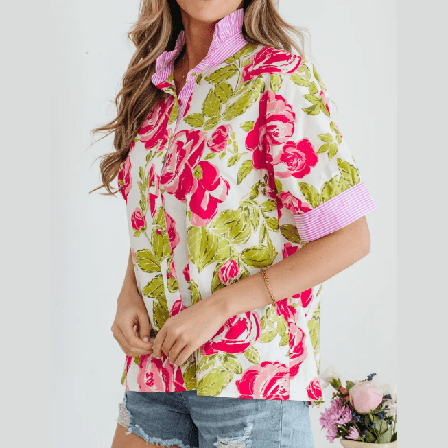 SALE!!!  Clarna Pink Flower Print Striped Trim Frilled Collar Short Sleeve Shirt