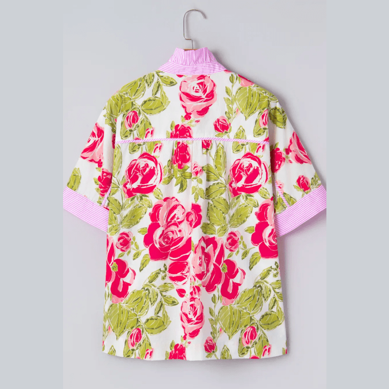 SALE!!!  Clarna Pink Flower Print Striped Trim Frilled Collar Short Sleeve Shirt