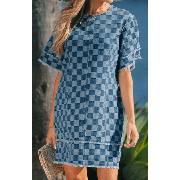 SALE!!!  Jasleen Sky Blue Frayed Hem Checkered Denim Mini Dress