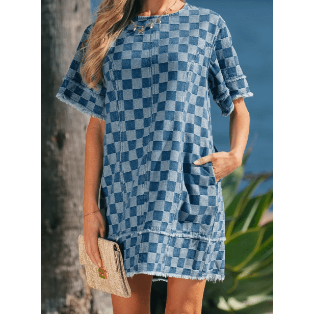 SALE!!!  Jasleen Sky Blue Frayed Hem Checkered Denim Mini Dress
