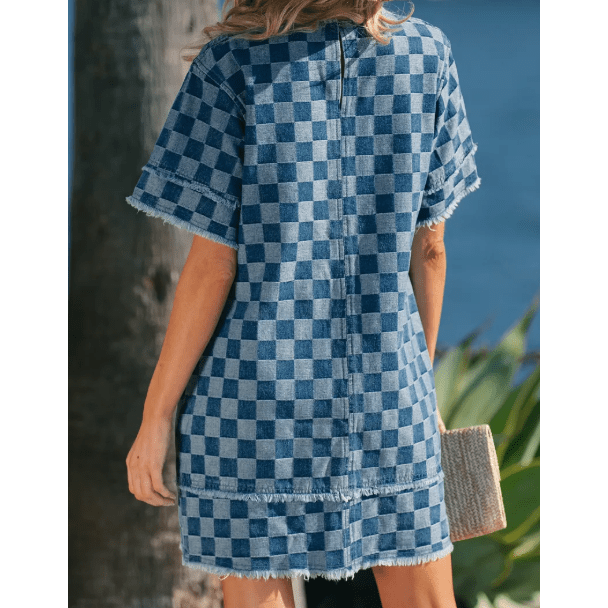 SALE!!!  Jasleen Sky Blue Frayed Hem Checkered Denim Mini Dress