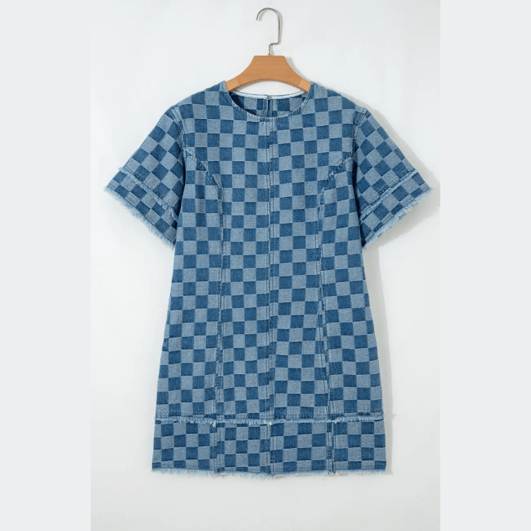 SALE!!!  Jasleen Sky Blue Frayed Hem Checkered Denim Mini Dress