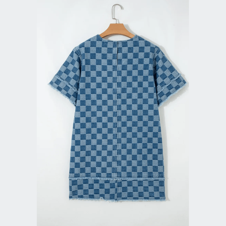 SALE!!!  Jasleen Sky Blue Frayed Hem Checkered Denim Mini Dress