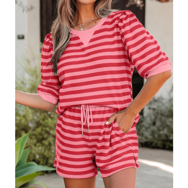 Livia Red Stripe Puff Short Sleeve T Shirt Matching Shorts Set