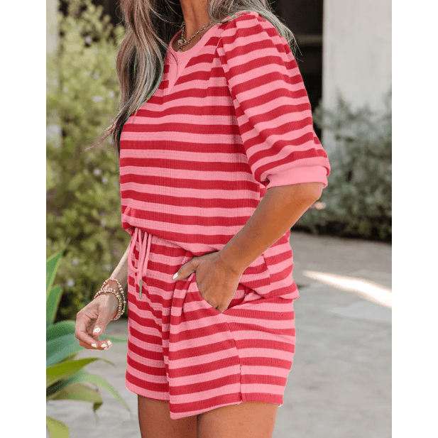 Livia Red Stripe Puff Short Sleeve T Shirt Matching Shorts Set