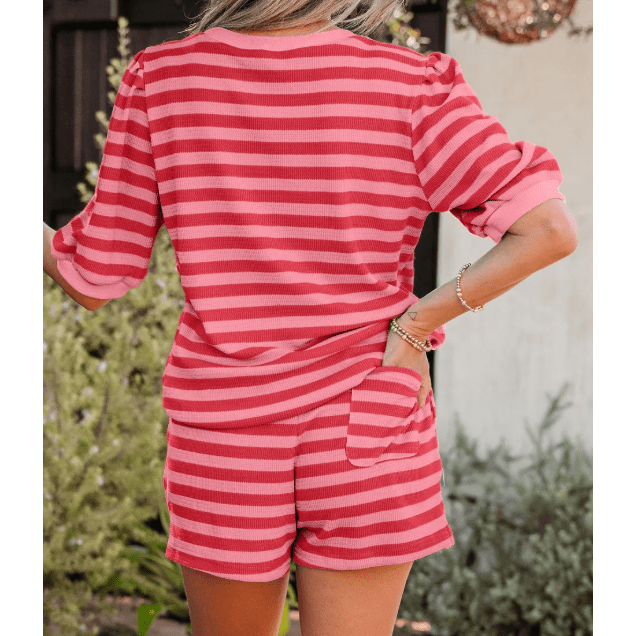 Livia Red Stripe Puff Short Sleeve T Shirt Matching Shorts Set