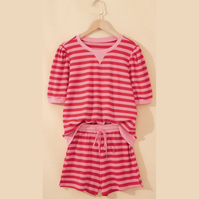 Livia Red Stripe Puff Short Sleeve T Shirt Matching Shorts Set