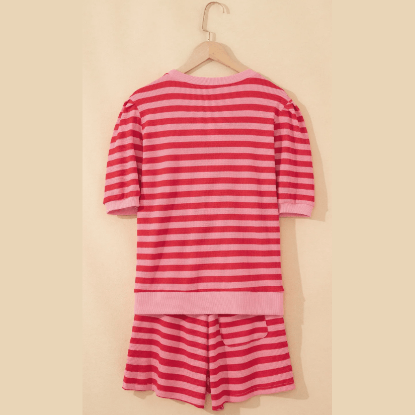 Livia Red Stripe Puff Short Sleeve T Shirt Matching Shorts Set
