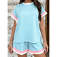 Kandi Mist Blue Striped Trim Casual Tee Drawstring Shorts 2pcs Set