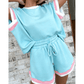 Kandi Mist Blue Striped Trim Casual Tee Drawstring Shorts 2pcs Set