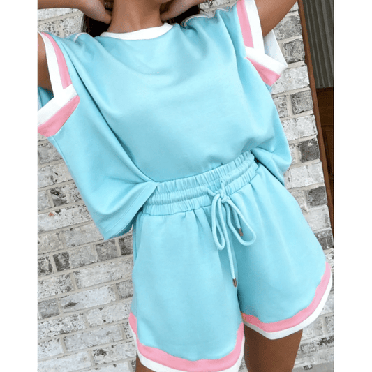 Kandi Mist Blue Striped Trim Casual Tee Drawstring Shorts 2pcs Set