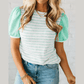 Cambry Green Striped Short Puff Sleeve Top