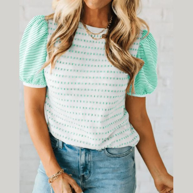 Cambry Green Striped Short Puff Sleeve Top