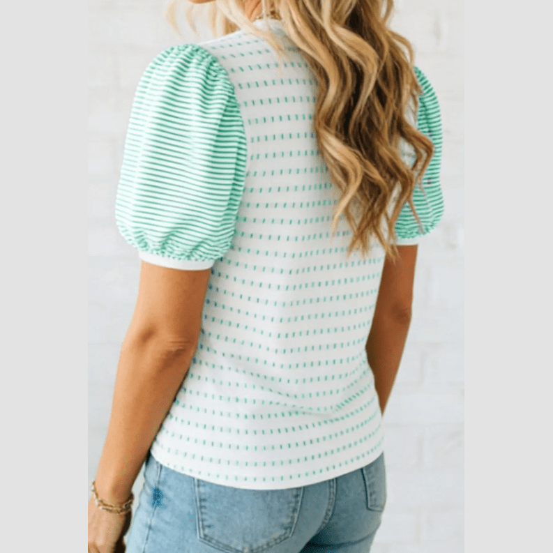 Cambry Green Striped Short Puff Sleeve Top