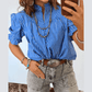 Joselle Blue Stripe Ruffled Short Puff Sleeve Button Front Blouse