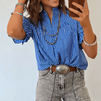 Joselle Blue Stripe Ruffled Short Puff Sleeve Button Front Blouse