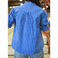 Joselle Blue Stripe Ruffled Short Puff Sleeve Button Front Blouse