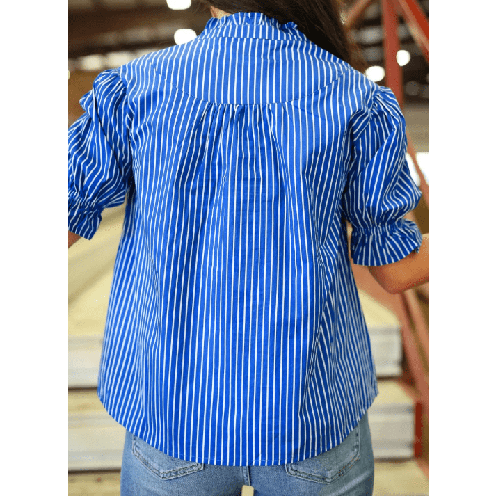 Joselle Blue Stripe Ruffled Short Puff Sleeve Button Front Blouse