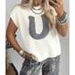 White Crochet Horseshoe Short Sleeve Knit Sweater