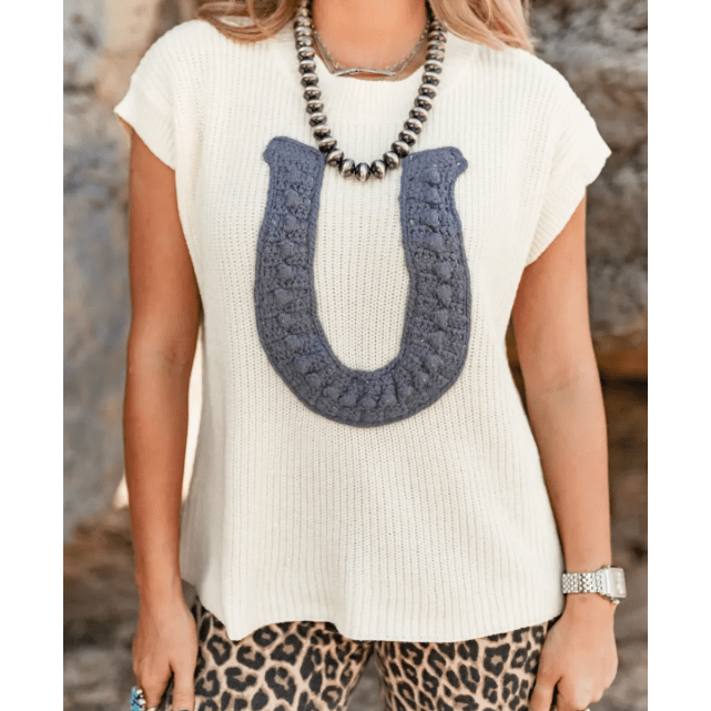 White Crochet Horseshoe Short Sleeve Knit Sweater