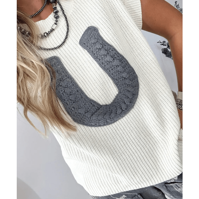 White Crochet Horseshoe Short Sleeve Knit Sweater