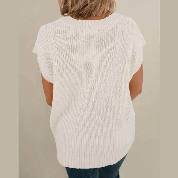 White Crochet Horseshoe Short Sleeve Knit Sweater