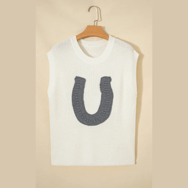 White Crochet Horseshoe Short Sleeve Knit Sweater