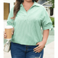 Tamera Mint Green Plus Size Striped Print Collar V Neck Short Sleeve Blouse