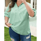 Tamera Mint Green Plus Size Striped Print Collar V Neck Short Sleeve Blouse