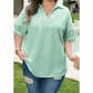 Tamera Mint Green Plus Size Striped Print Collar V Neck Short Sleeve Blouse