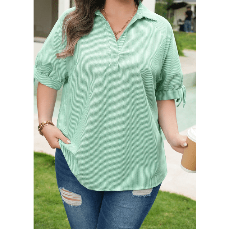 Tamera Mint Green Plus Size Striped Print Collar V Neck Short Sleeve Blouse