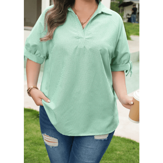 Tamera Mint Green Plus Size Striped Print Collar V Neck Short Sleeve Blouse
