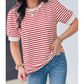 Shirl Red Stripe Contrast Trim Round Neck Short Puff Sleeve T Shirt