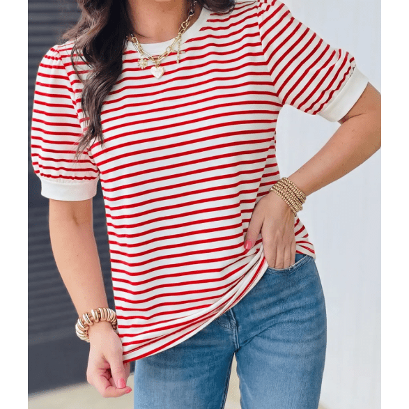 Shirl Red Stripe Contrast Trim Round Neck Short Puff Sleeve T Shirt