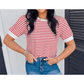 Shirl Red Stripe Contrast Trim Round Neck Short Puff Sleeve T Shirt