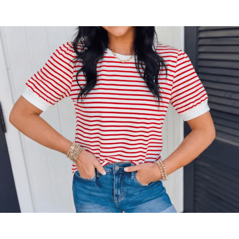 Shirl Red Stripe Contrast Trim Round Neck Short Puff Sleeve T Shirt