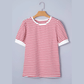 Shirl Red Stripe Contrast Trim Round Neck Short Puff Sleeve T Shirt
