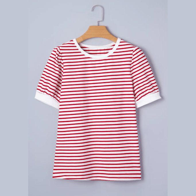 Shirl Red Stripe Contrast Trim Round Neck Short Puff Sleeve T Shirt