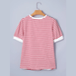 Shirl Red Stripe Contrast Trim Round Neck Short Puff Sleeve T Shirt