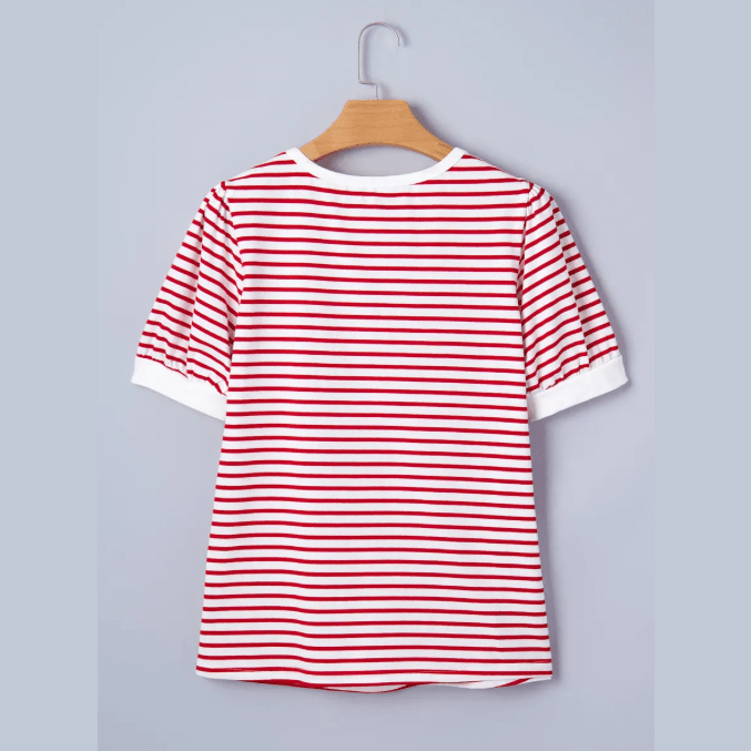 Shirl Red Stripe Contrast Trim Round Neck Short Puff Sleeve T Shirt
