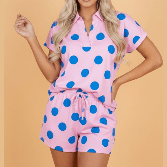 Lucy Pink Polka Dot Print V Neck Tee Short Set
