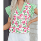 Jayleen Floral Print Striped Ruffle Trim V Neck Blouse