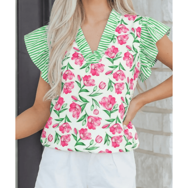 Jayleen Floral Print Striped Ruffle Trim V Neck Blouse
