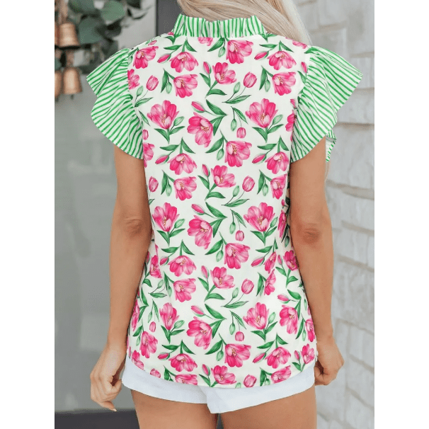 Jayleen Floral Print Striped Ruffle Trim V Neck Blouse