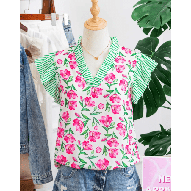 Jayleen Floral Print Striped Ruffle Trim V Neck Blouse