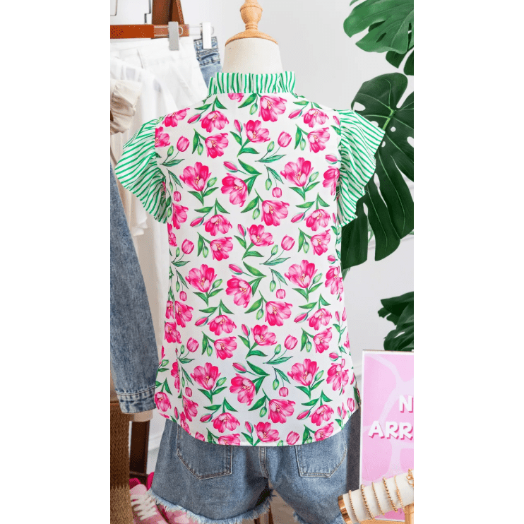 Jayleen Floral Print Striped Ruffle Trim V Neck Blouse