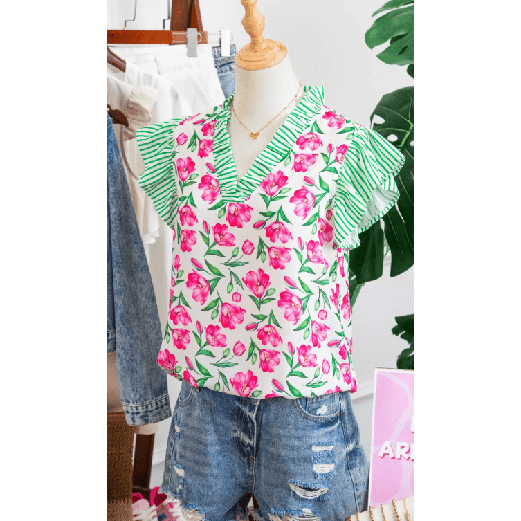 Jayleen Floral Print Striped Ruffle Trim V Neck Blouse